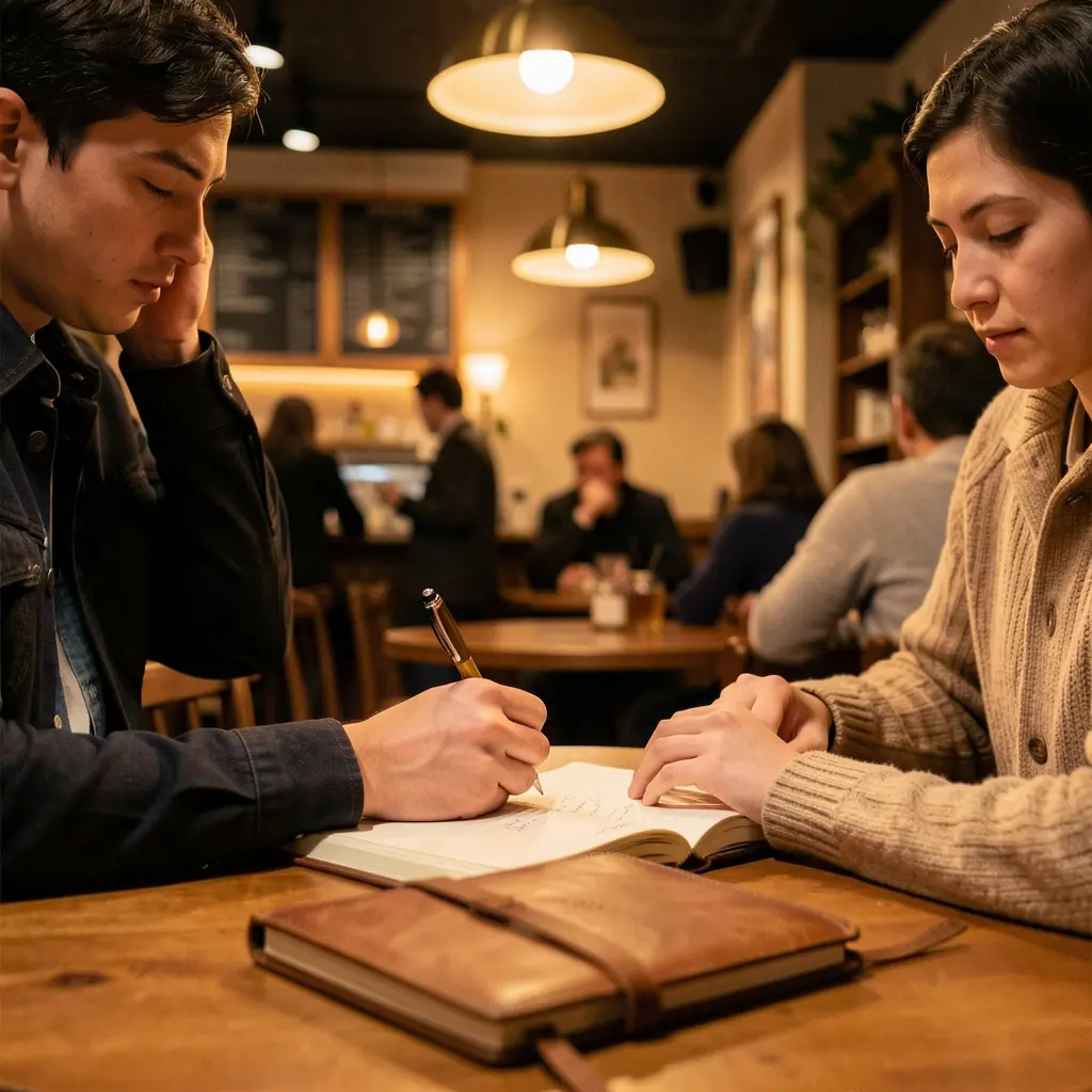 Person writing in a journal with warm lighting